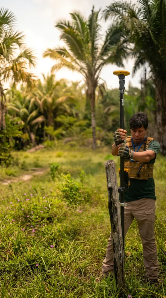 Topógrafo usando equipamento de precisão em base rural